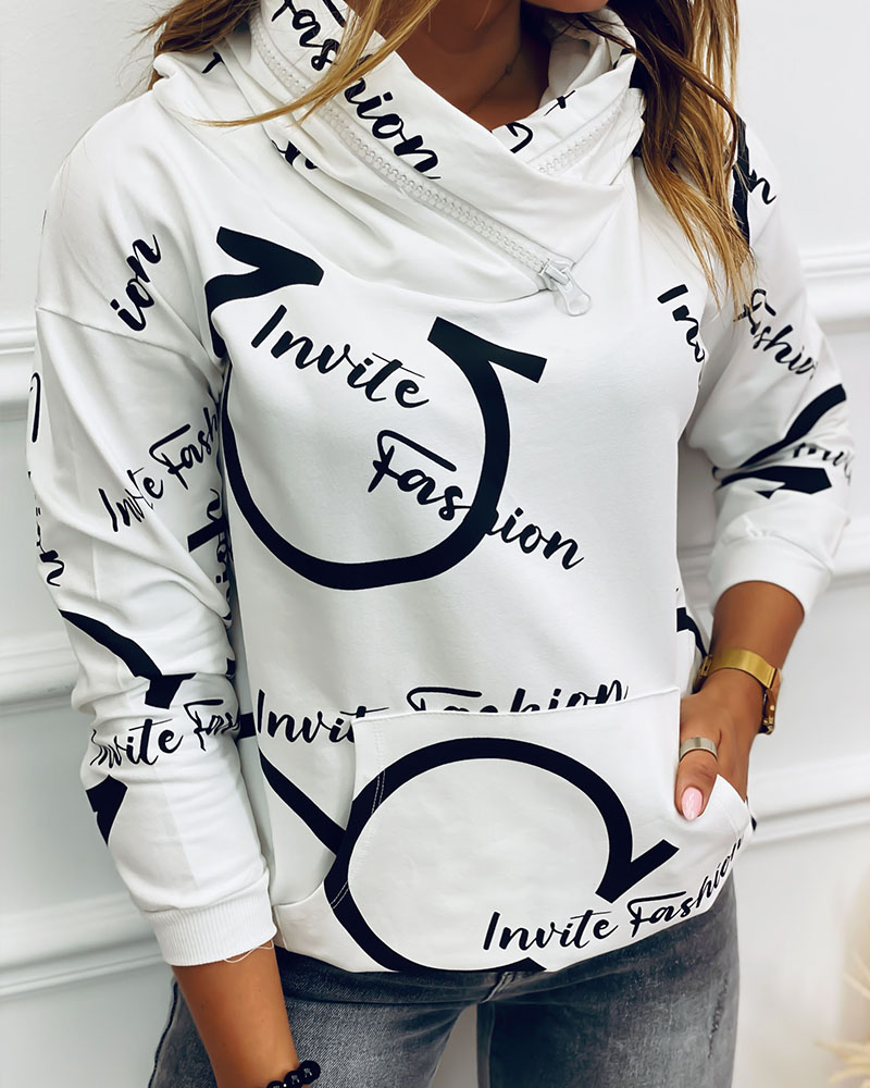 

RECYCLED Letter Print Long Sleeve Zip Detail Hoodie, White