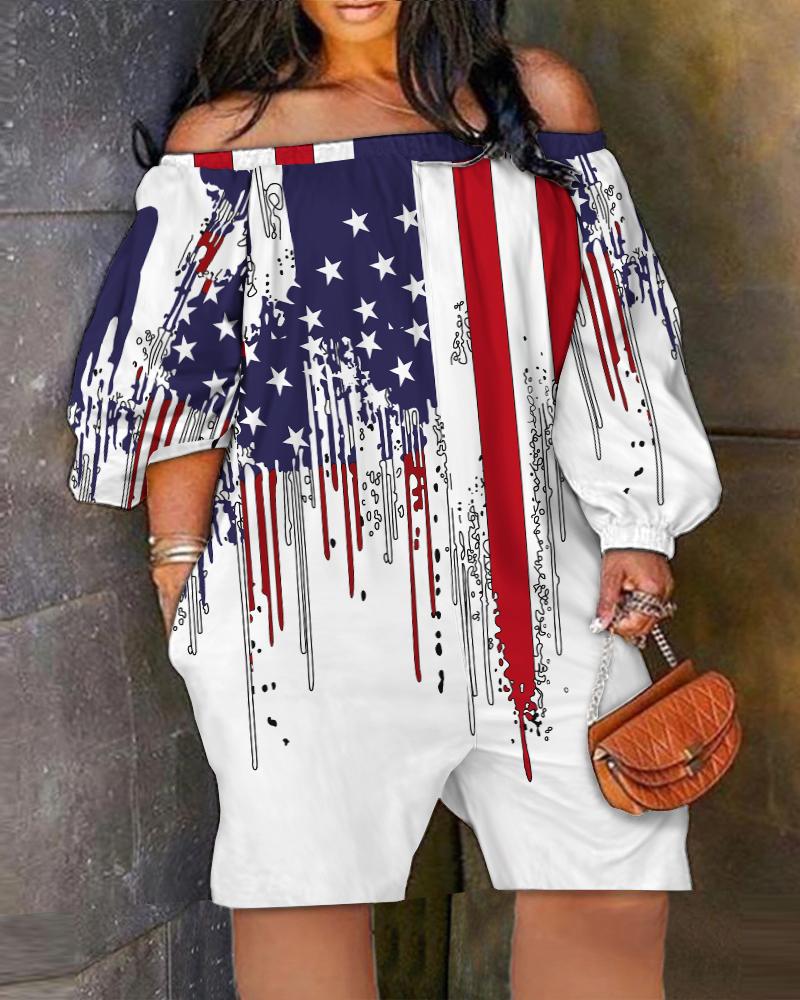 Plus Size Independence Day Flag Print Off Shoulder Romper