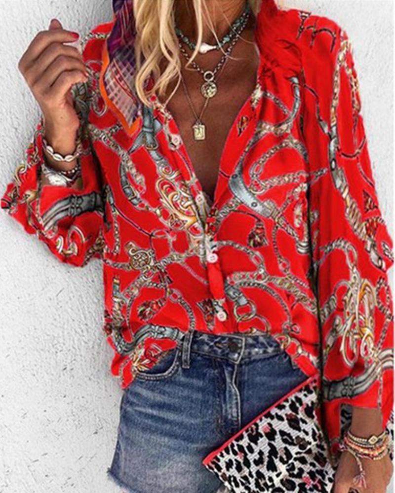 

Chain Print Long Sleeve Shirt, Red