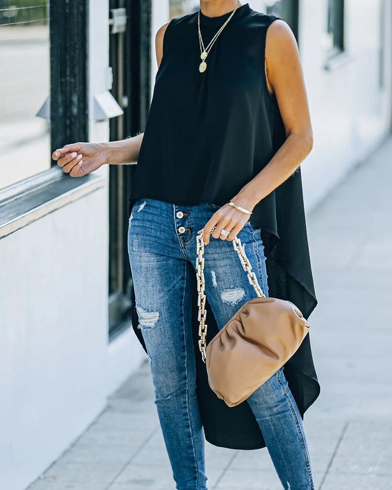

Plain Sleeveless Dip Hem Top, Black