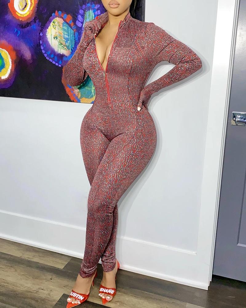 

Plain Long Sleeve Zipper Front Skinny Jumpsuit, Red
