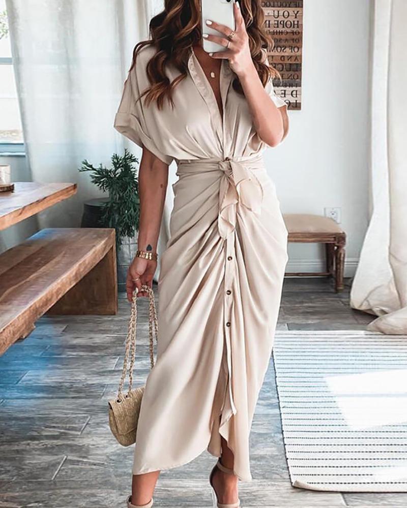 

Half Sleeve Ruched Buttoned Tie Front Shirt Dress, Khaki
