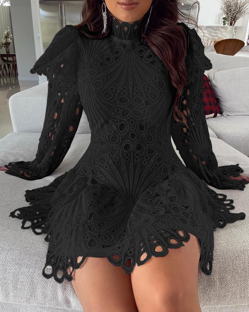 

Eyelet Embroidery Bell Sleeve Lace Dress, Black