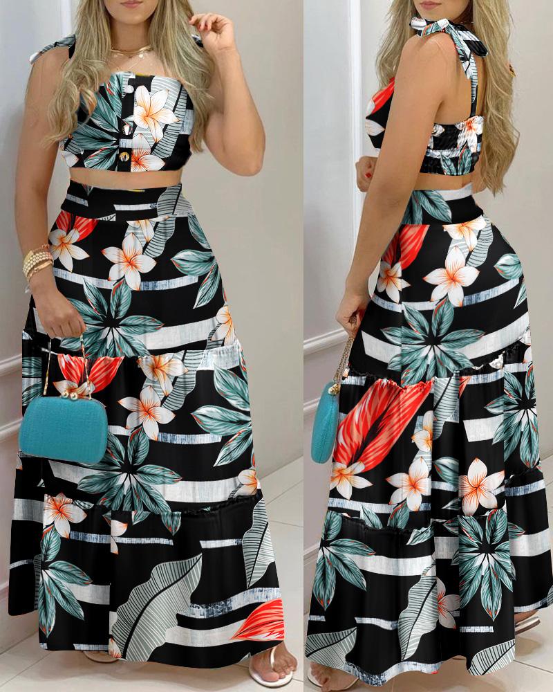 

Tropical Print Tied Detail Crop Top & Maxi Skirt Set, Black