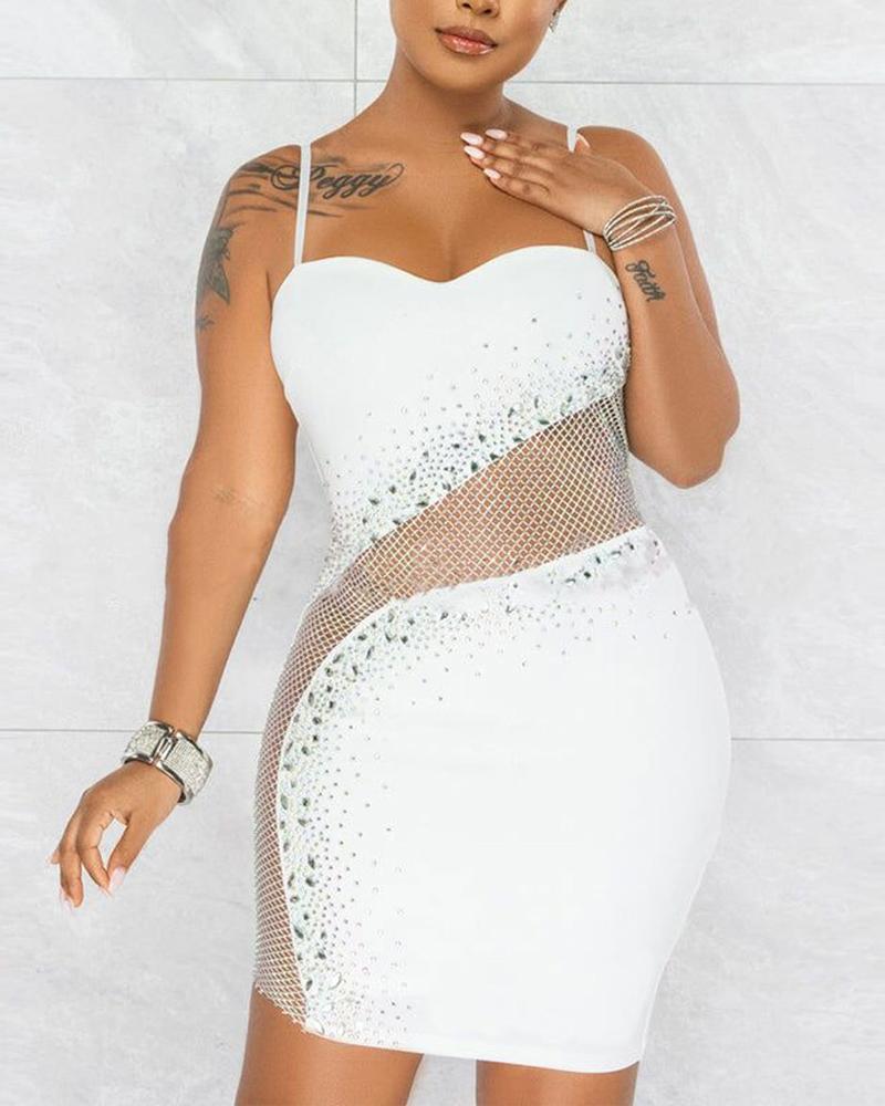 

Rhinestone Decor Contrast Mesh Party Dress, White