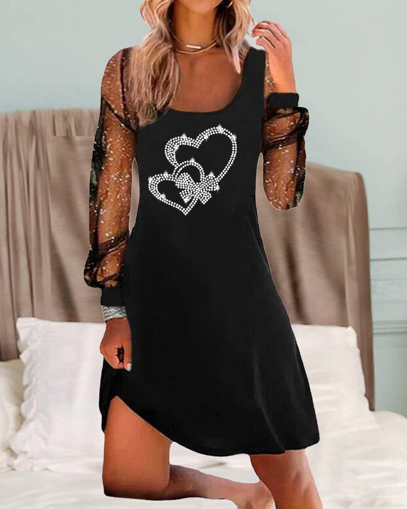 

Heart Print Sheer Mesh Patch Casual Dress, Black