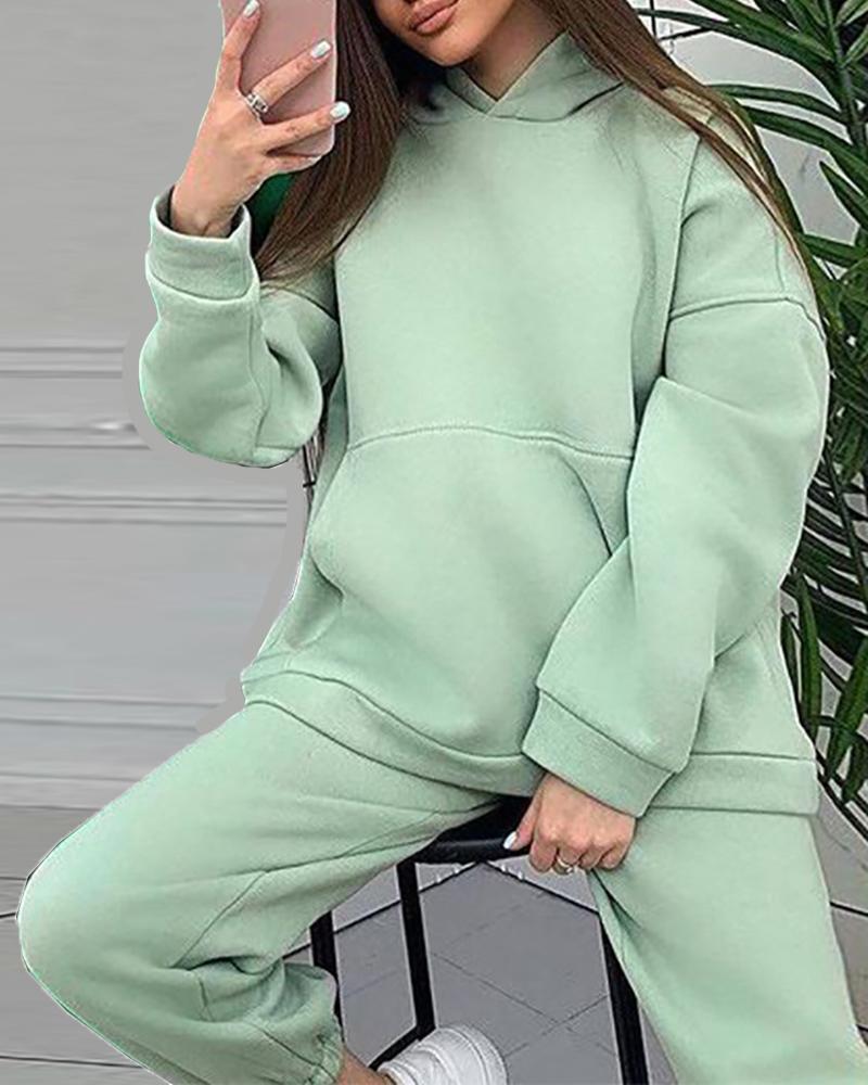 

Pocket Design Long Sleeve Hooded Top & Pants Set, Light green
