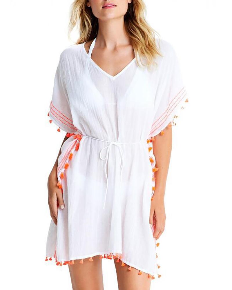 

Pom Pom Tassel Design Sheer Mesh Cover Up, White