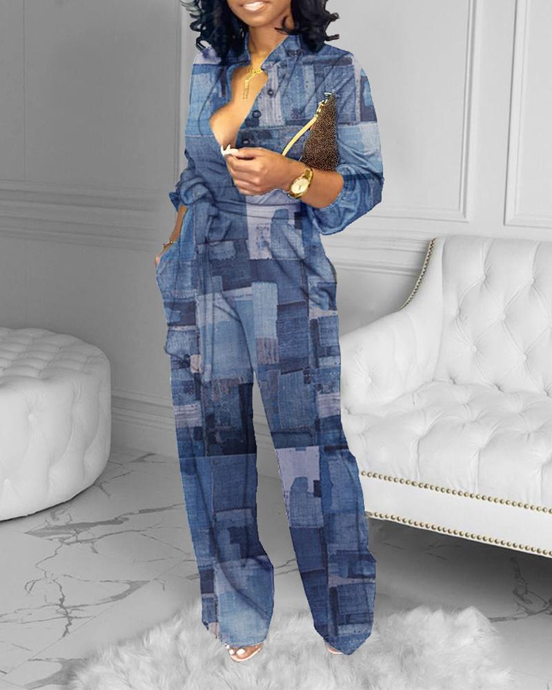 

Patchwork Print Button Design Wide Leg Jumpsuit, Blue