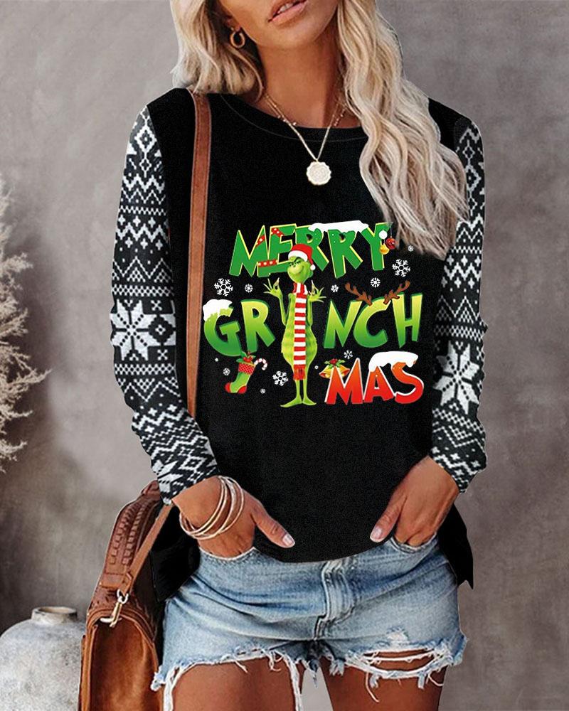 Buy Merry Christmas Cartoon Print Long Sleeve Top. Picture