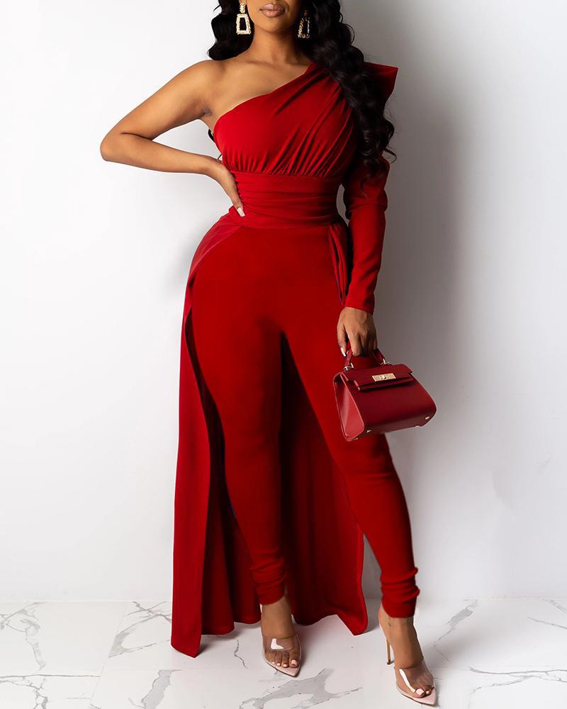 

Ruched One Shoulder Dip Hem Jumpsuit, Red