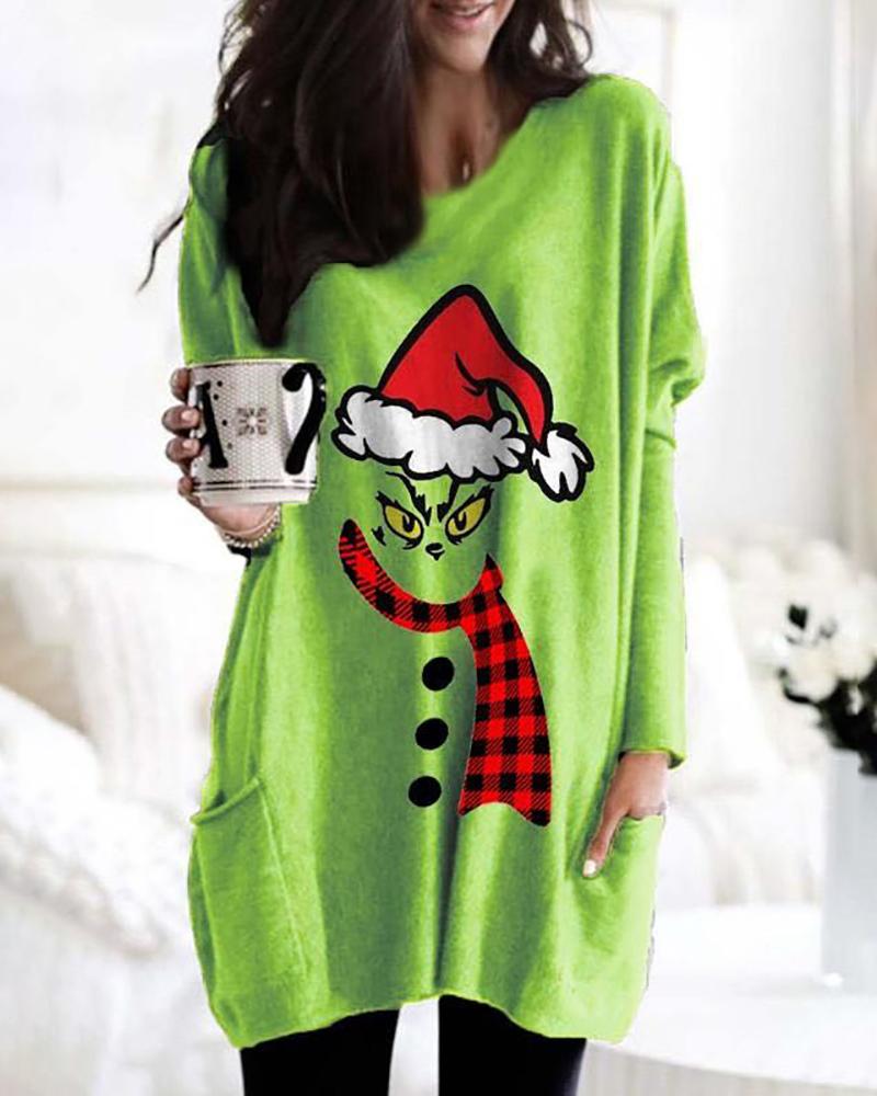 

Christmas Gigot Sleeve Grinches Print Casual Dress, Green