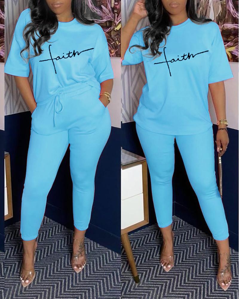 

Letter Print Short Sleeve Top & Pocket Design Pants Set, Blue