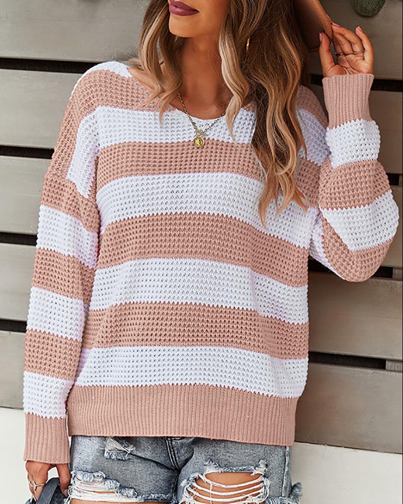 

Knit Long Sleeve Striped Print Sweater, Pink