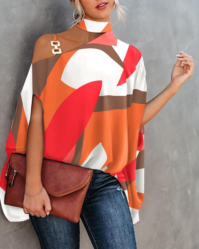

Geo Print Chain Strap Cold Shoulder Top, Multicolor