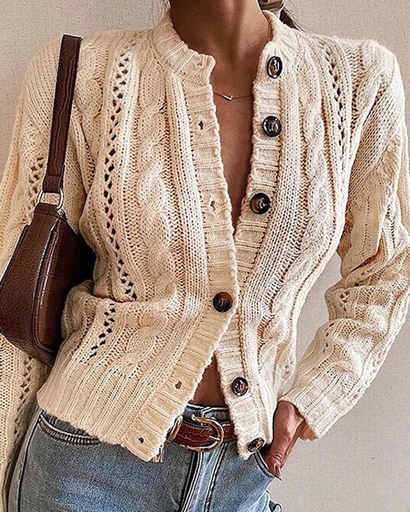 

Long Sleeve Cable Knit Buttoned Cardigan, Khaki