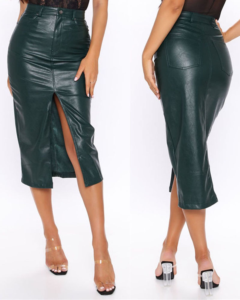 

Zipper Fly Split Front PU Leather Skirt, Green