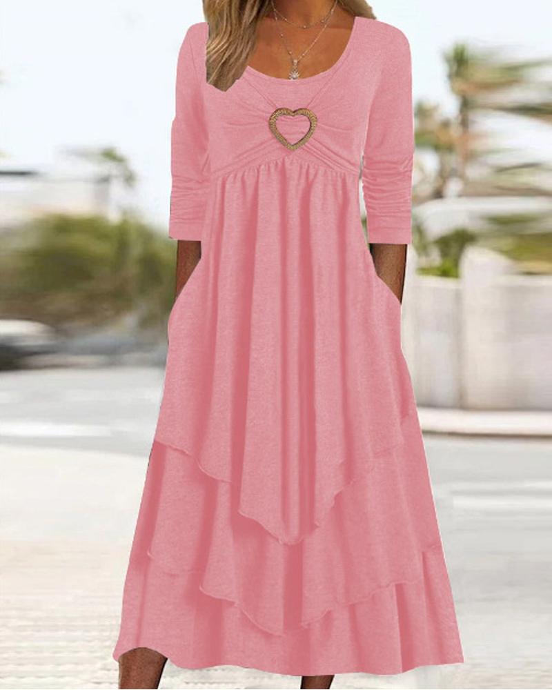 

Heart-Ring Decor Layered Ruffle Hem Casual Dress, Pink