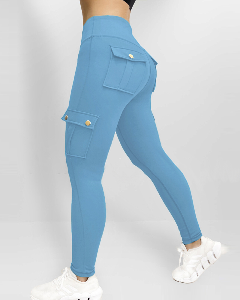 

Pocket Design Butt Lifting Active Pants, Lighted blue