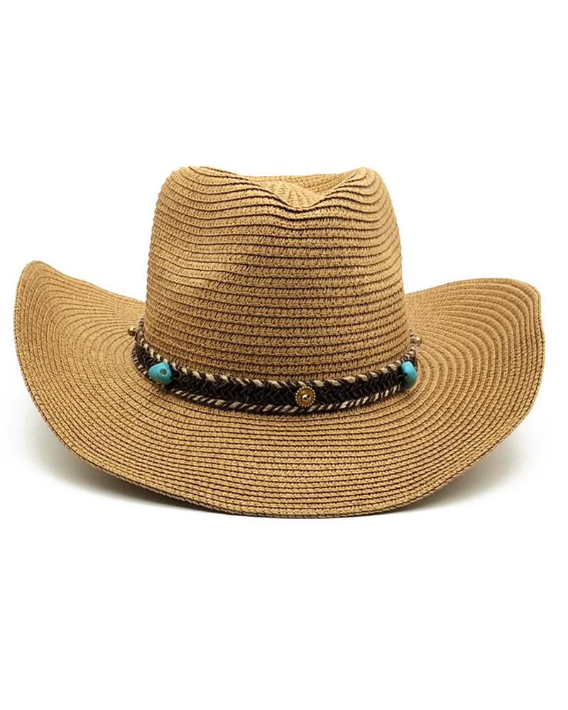 

Turquoise Braided Tape Wide Brim Cowboy Straw Hat, Khaki