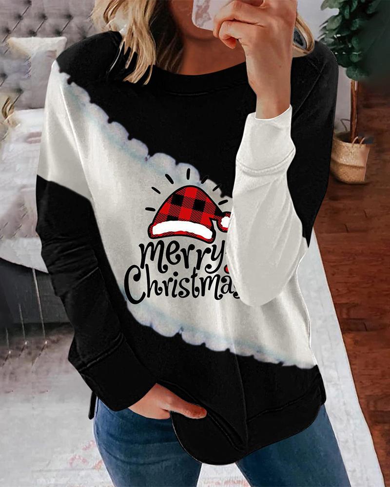 

Christmas Hat Letter Print Colorblock Sweatshirt, Black