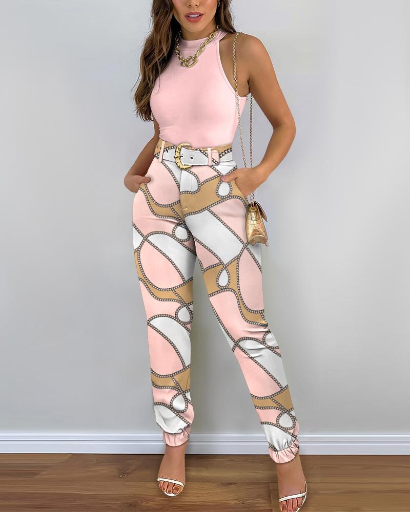 

Sleeveless Top & Chain Print Colorblock Cuffed Pants Set, Pink