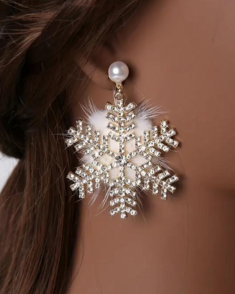 

1Pair Christmas Rhinestone Snowflake Pearls Decor Pom Pom Dangle Earrings, Gold