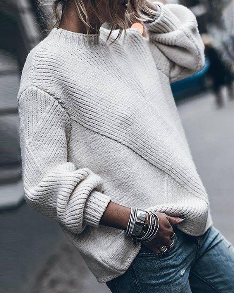 

Lantern Sleeve Drop Shoulder O-neck Sweater, White
