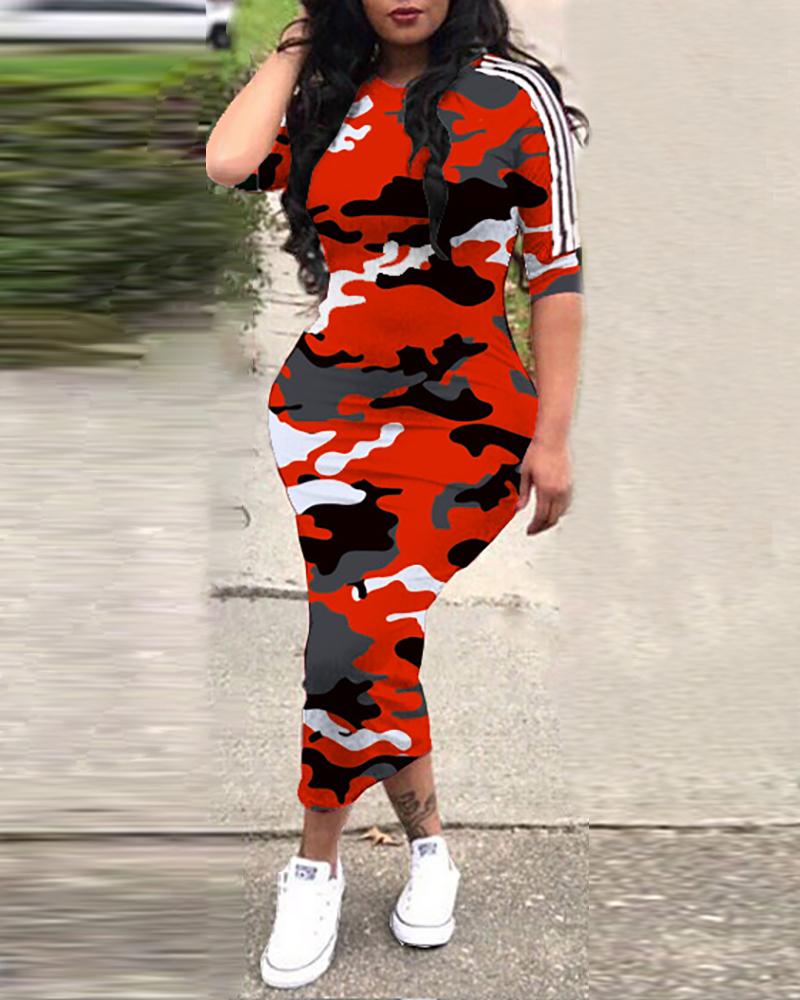 

Camouflage Print Striped Bodycon Dress, Red