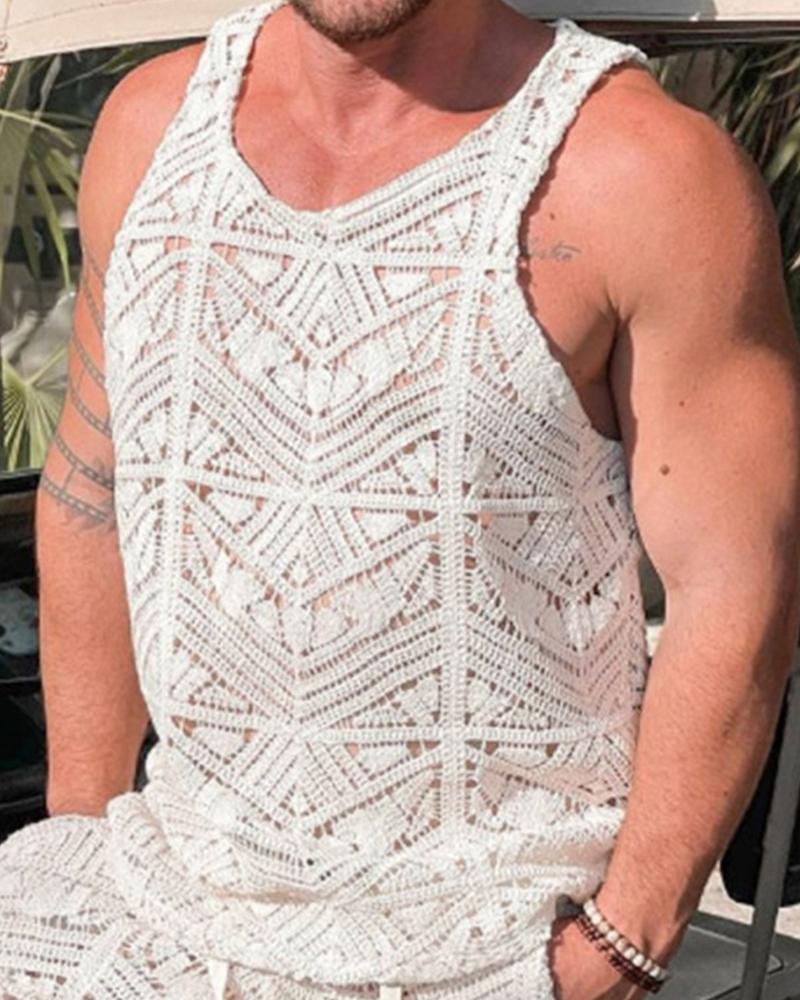 

Solid Color Hollow-out Lace Sleeveless Tank Top With Short Pants Suit Sets, White