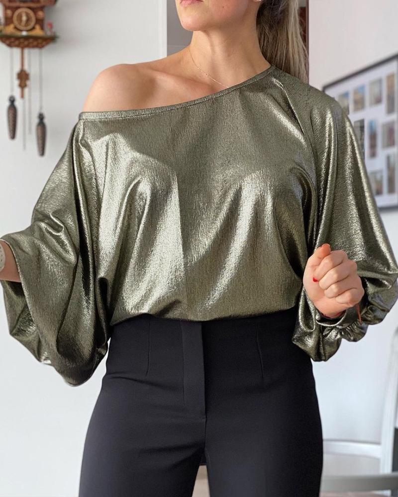 

Lantern Sleeve Glitter Round Neck Top, Multicolor