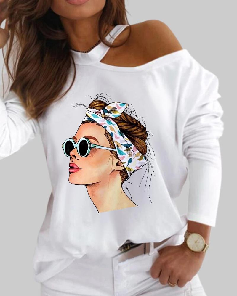 

One Shoulder Figure Print Long Sleeve Top, White