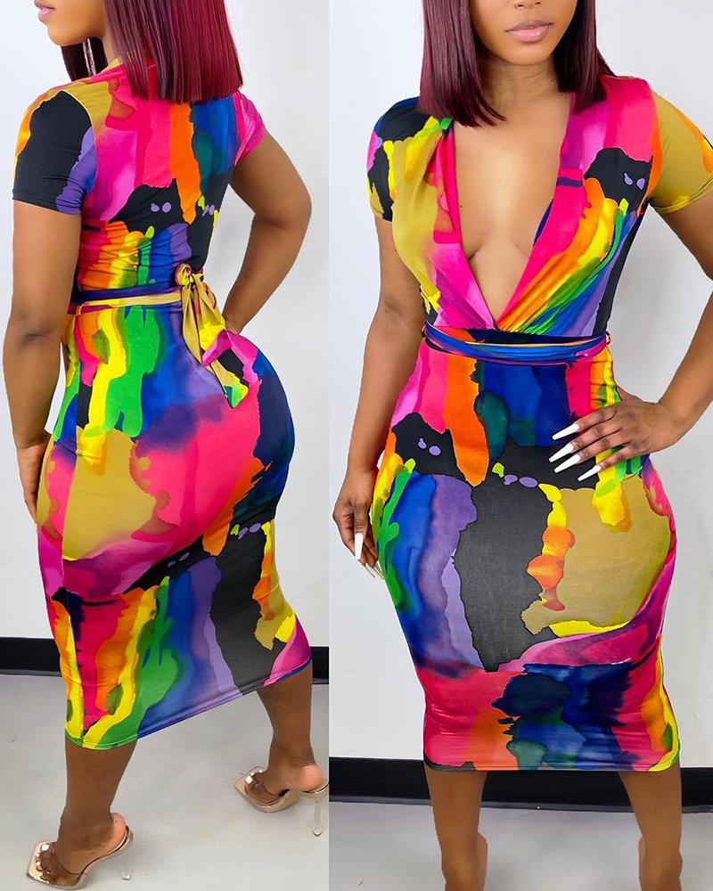 

Tie Dye Print Plunge Tied Detail Bodycon Dress, Multicolor