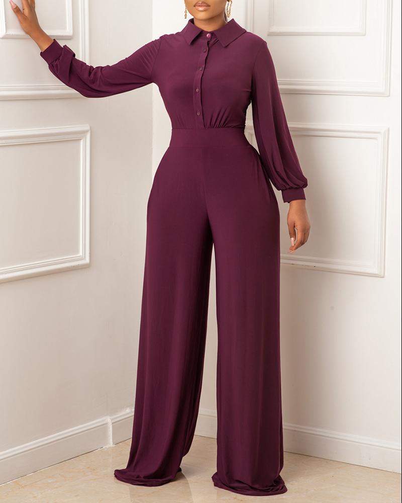 

Lantern Sleeve Buttoned Wide Leg Jumpsuit, Purple