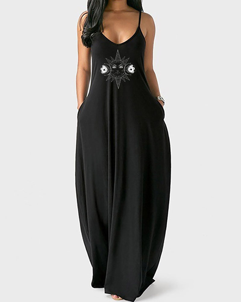 

Pocket Design Sun Moon Pattern Print Maxi Dress, Black
