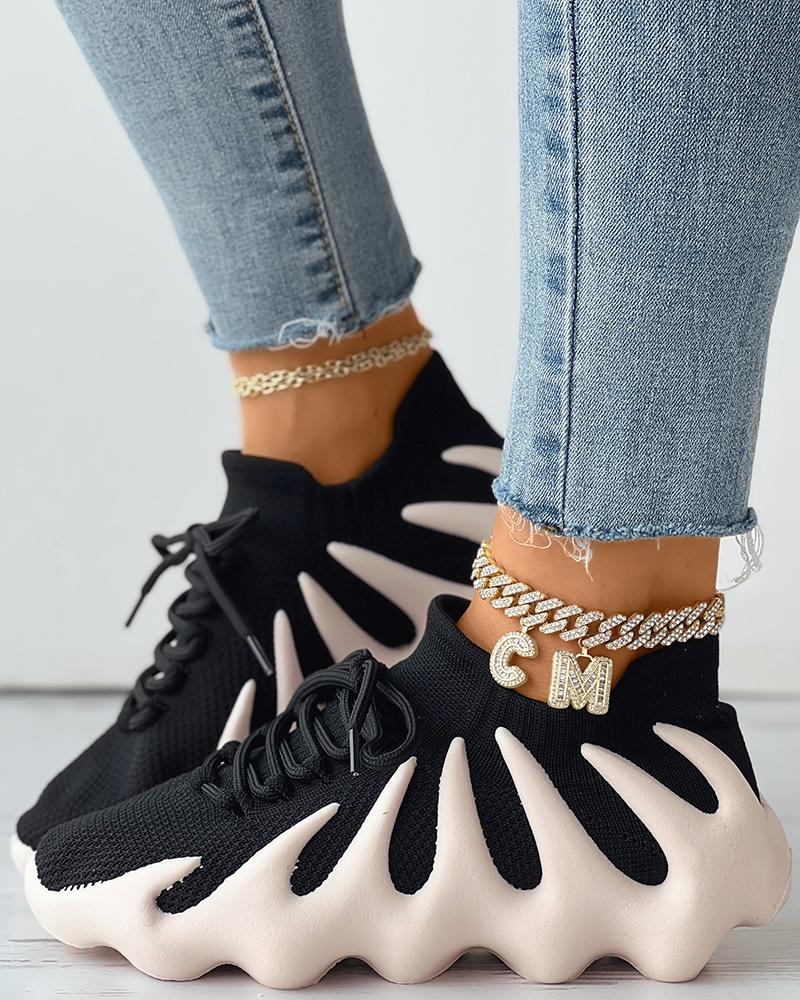 

Contrast Paneled Lace-up Knit Octopus Sneakers, Beige