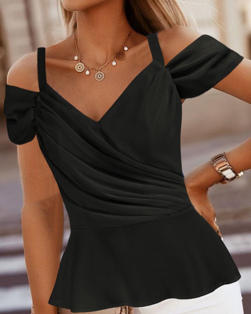 

Ruched Cold Shoulder Ruffle Hem Top, Black
