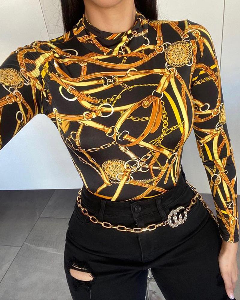 

Chain Print Long Sleeve Skinny Top, Black