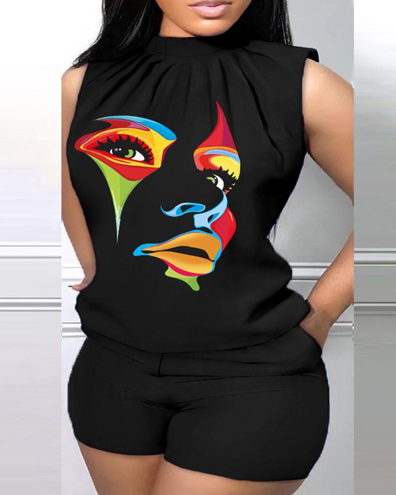 

Plus Size Figure Print Tank Top & Pocket Design Shorts Set, Black