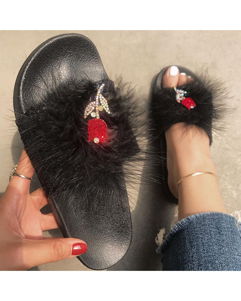 

Fluffy Rose Crystal Patchwork Upper Flat Sandals, Black
