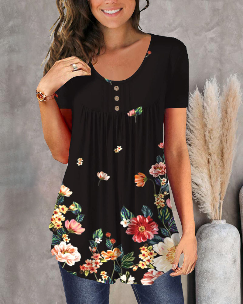 

Floral Print Ruched Detail Flowy T-shirt, Style1