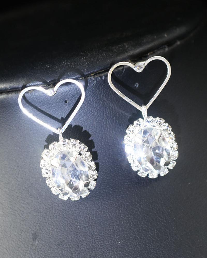 

1Pair Valentine's Day Heart Shaped Rhinestone Drop Earrings, Silver