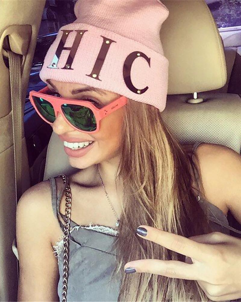 

Letter Pattern Knit Beanie, Pink