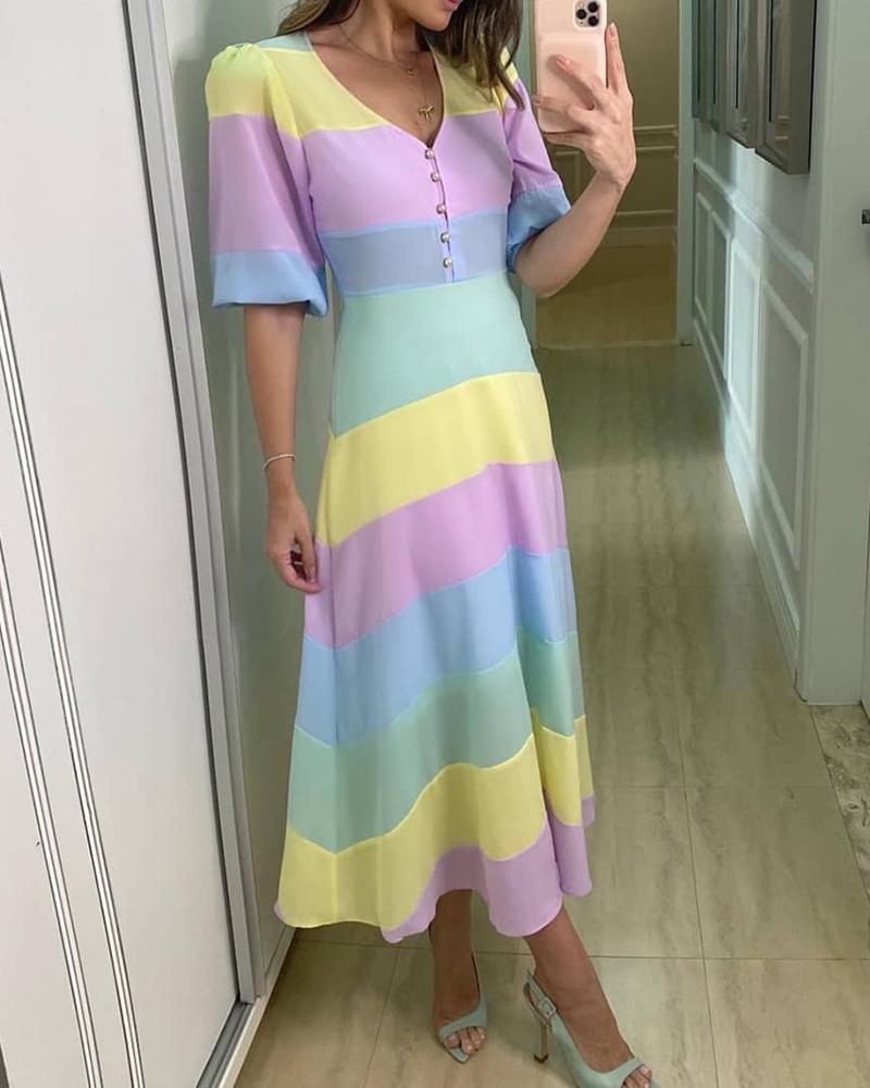 

Colorblock Button Front Puff Sleeve Casual Dress, Multicolor