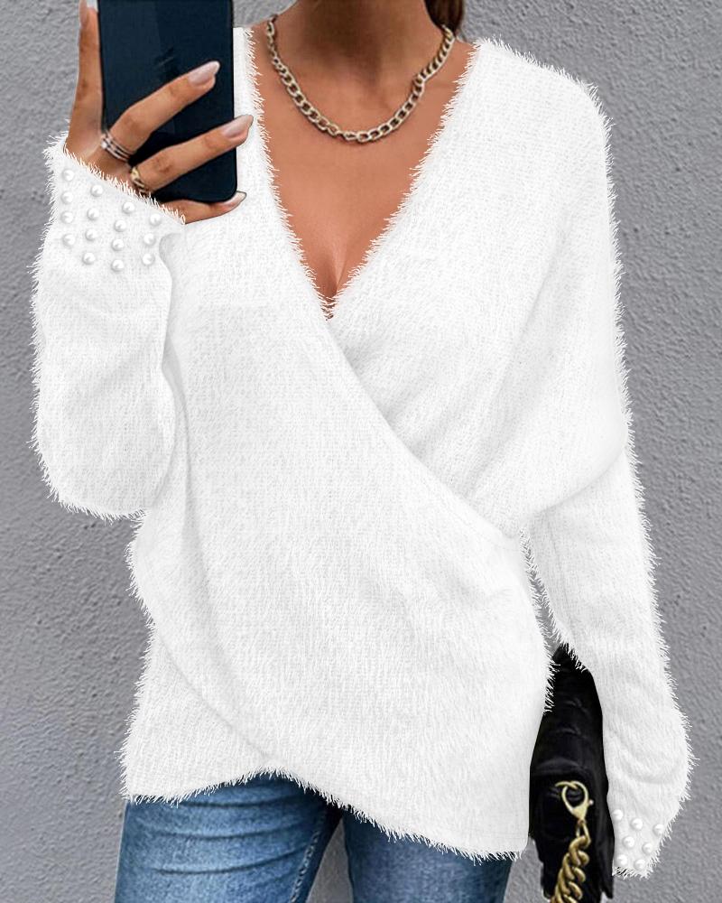 

Pearls Studded Overlap Fuzzy Top, White