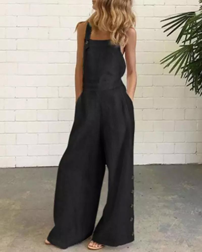 

Button Decor Pocket Design Wide Leg Jumpsuit, Black