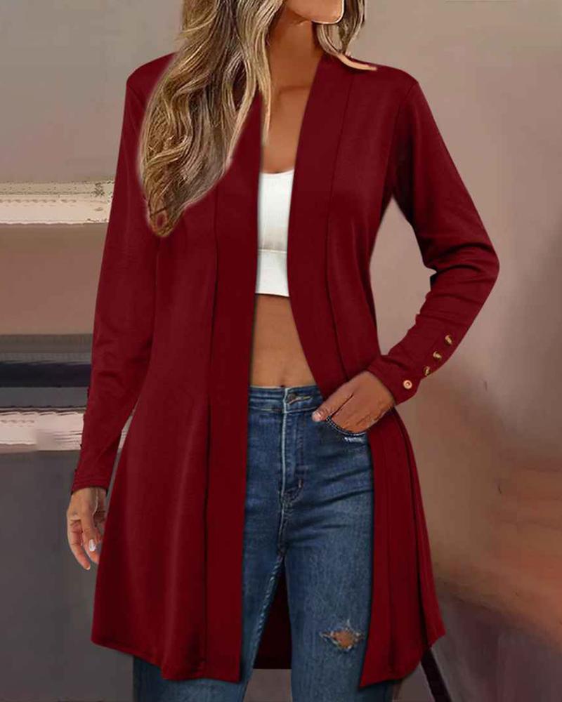 

Button Decor Open Front Coat, Wine red