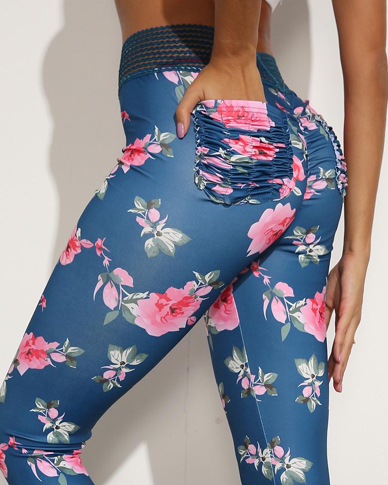 

Floral Print High Waist Booty Leggings Scrunch Butt Lifting Yoga Pants, Blue
