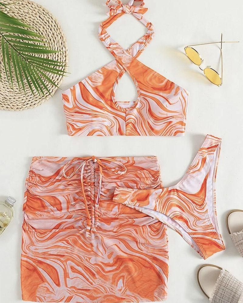 

3PCS Marble Print Halter Bikini Set With Drawstring Cover Up, Orange