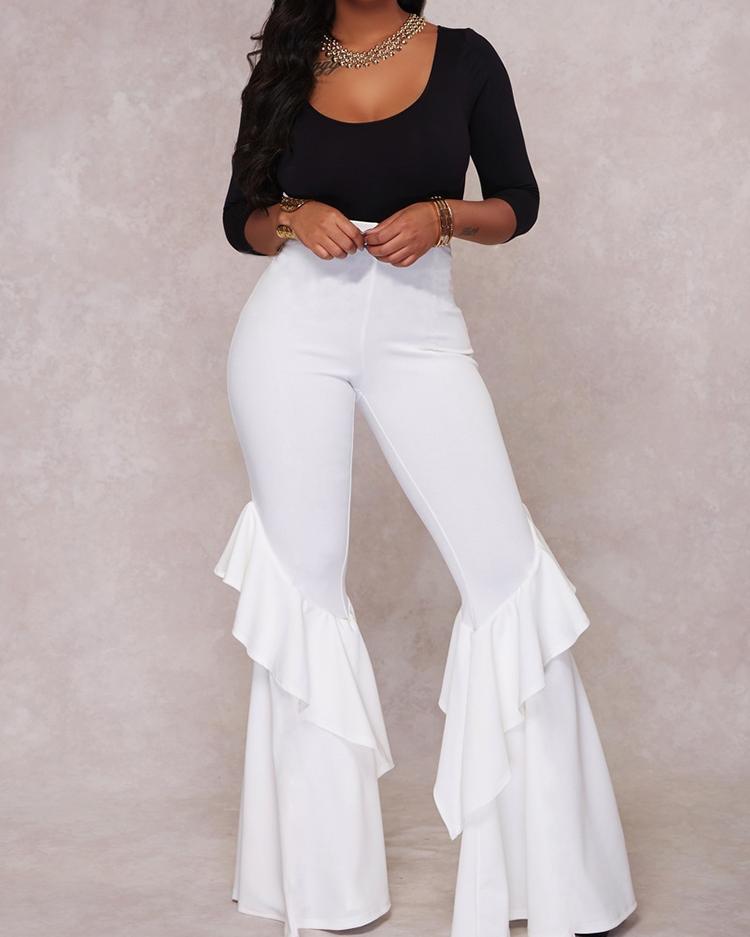 

High Waist Ruffled Wide Leg Pants, White